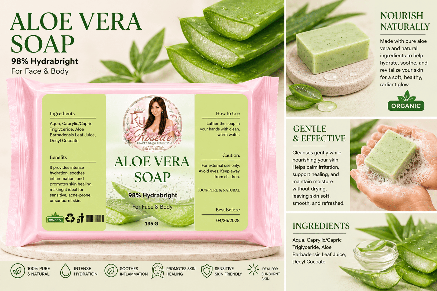 Aloe Vera Soap - 98% Hydrabright - Roselle