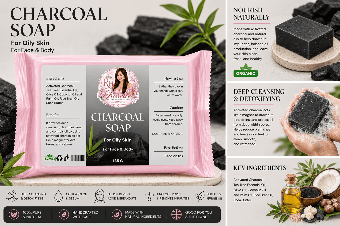 Charcoal Soap - For Oily Skin - Roselle