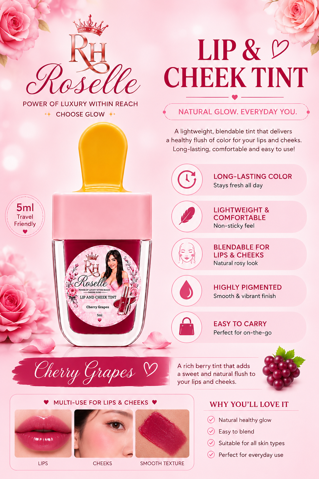 RH Roselle Lip & Cheek Tint – Cherry Grapes (5ml)🍒💖