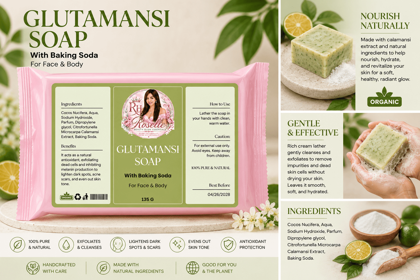 Glutamansi Soap - with Baking Soda - Roselle