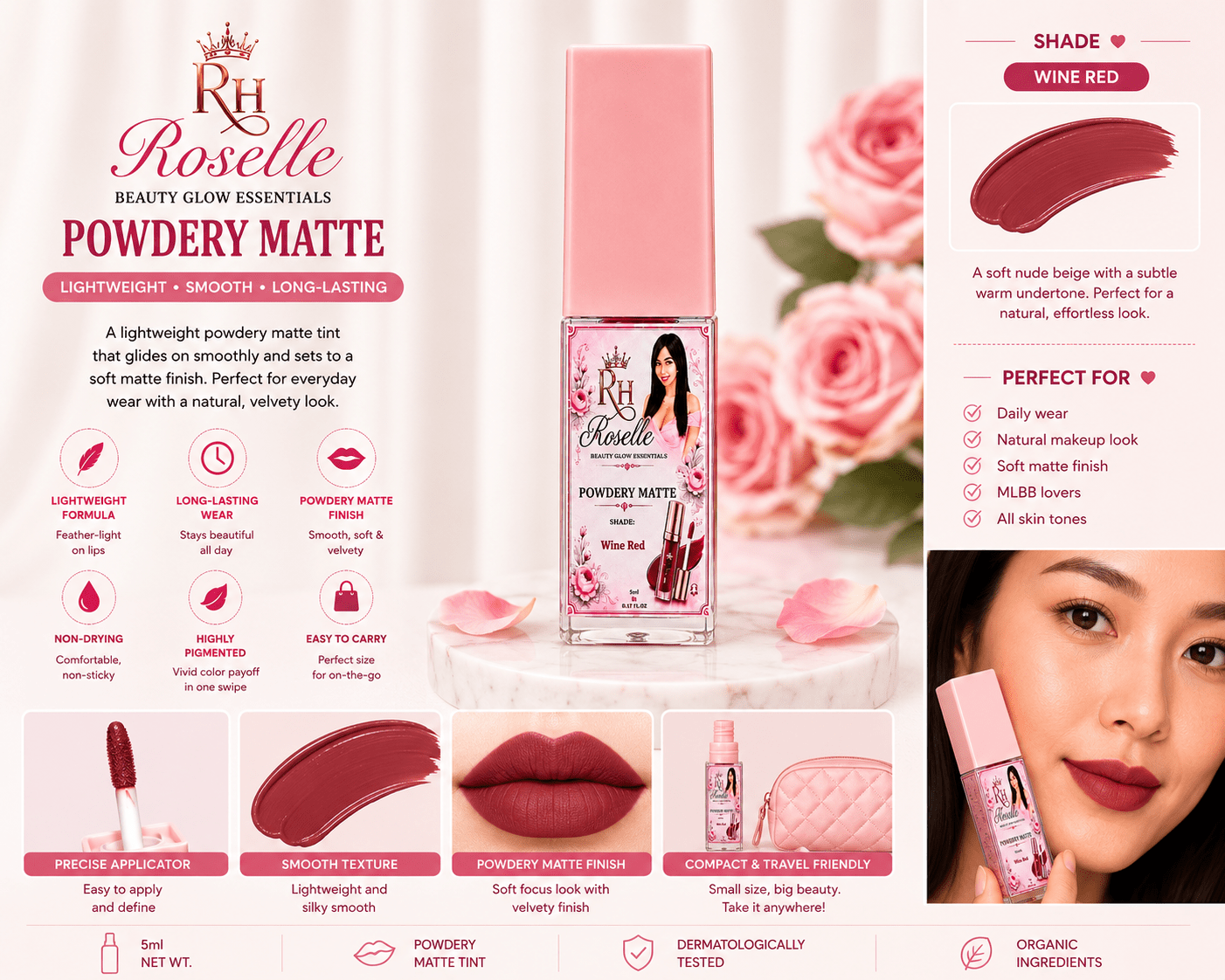RH Roselle Beauty Glow Essentials – Powdery Matte Tint (Wine Red) - Roselle