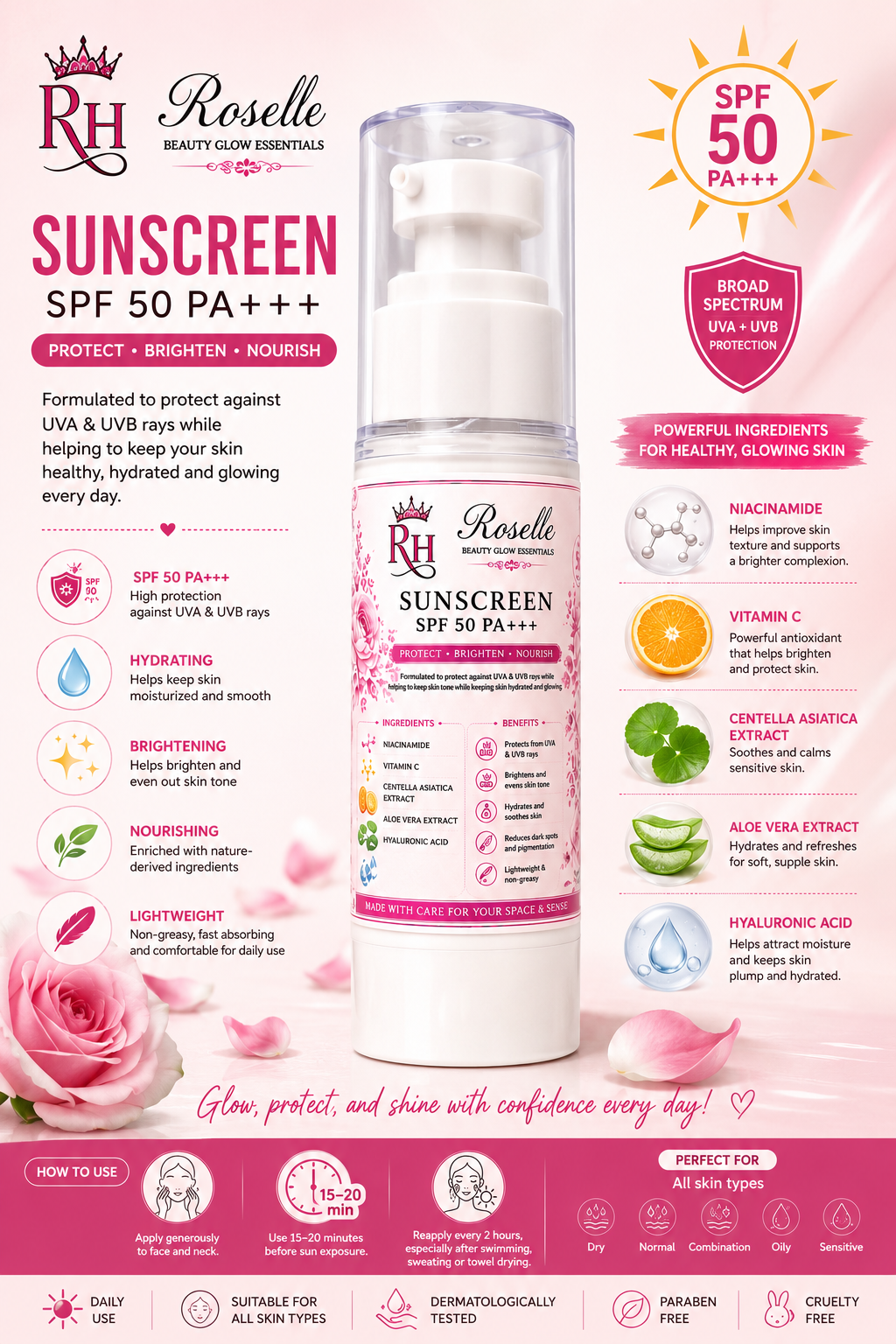 Roselle Beauty Glow Essentials Sunscreen SPF 50 PA+++

Protect • Brighten • Nourish