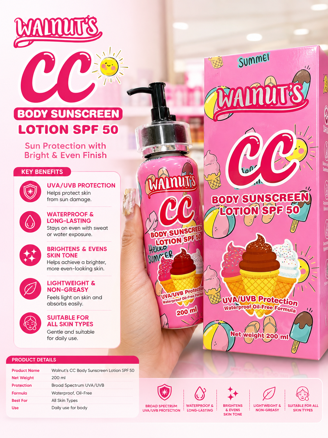 Walnut’s CC Body Sunscreen Lotion SPF 50