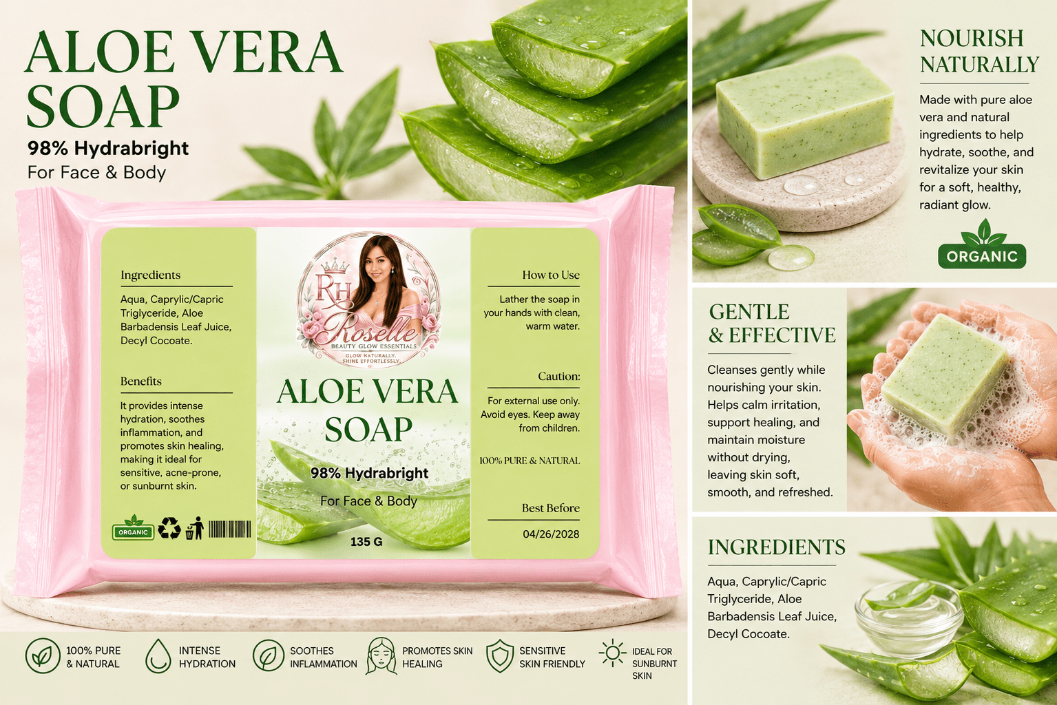 Aloe Vera Soap - 98% Hydrabright - Roselle