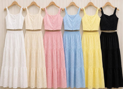 Button-Front Eyelet Cami & Tiered Maxi Skirt Matching Set - Roselle