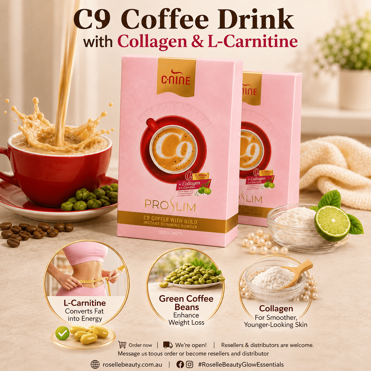 C9 Proslim Coffee Mix Gold with Collagen & L-Carnitine - 10 Sachets - Roselle