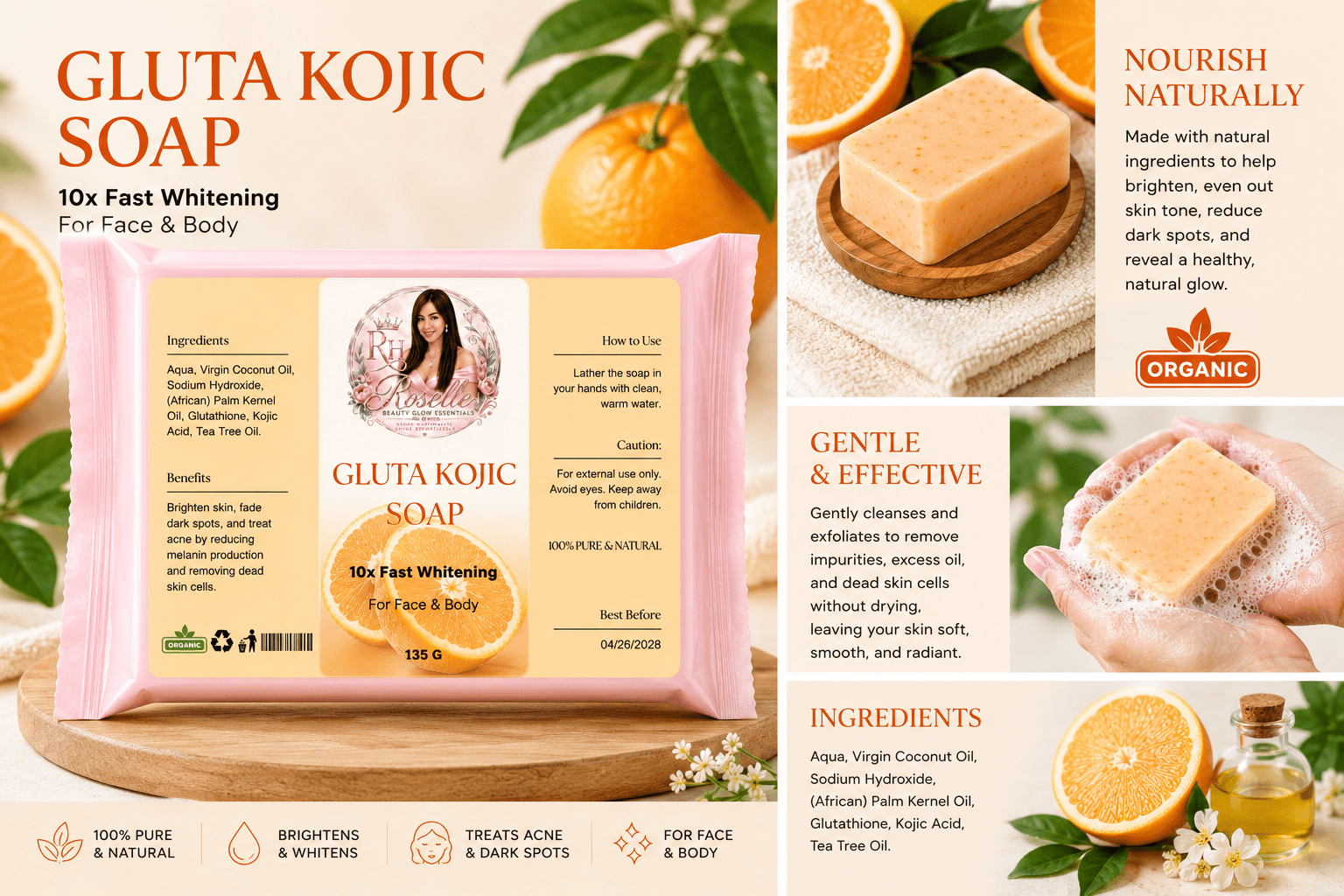 Gluta Kojic Soap – 10x Fast Whitening - Roselle