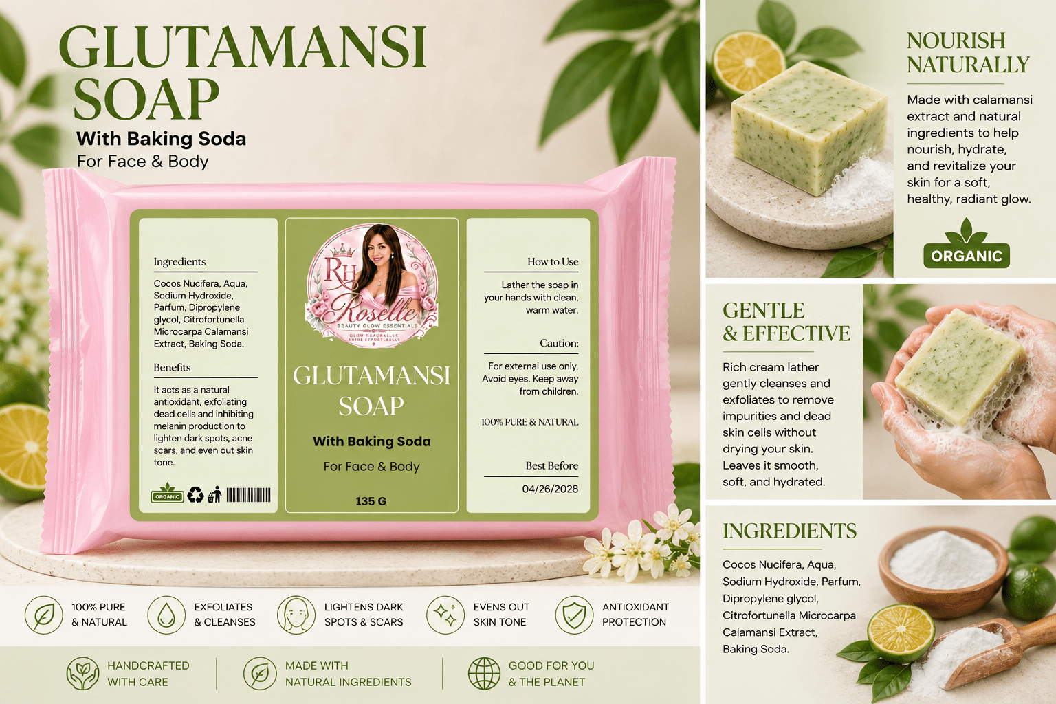 Glutamansi Soap - with Baking Soda - Roselle