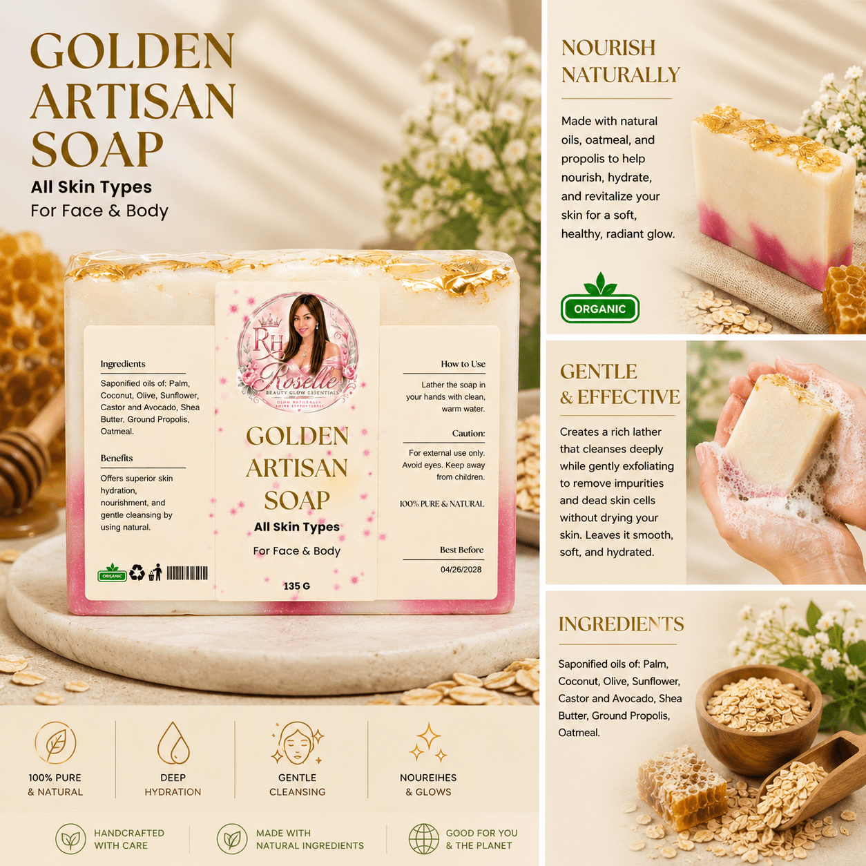Golden Artisan Soap - for all Skin Type - Roselle