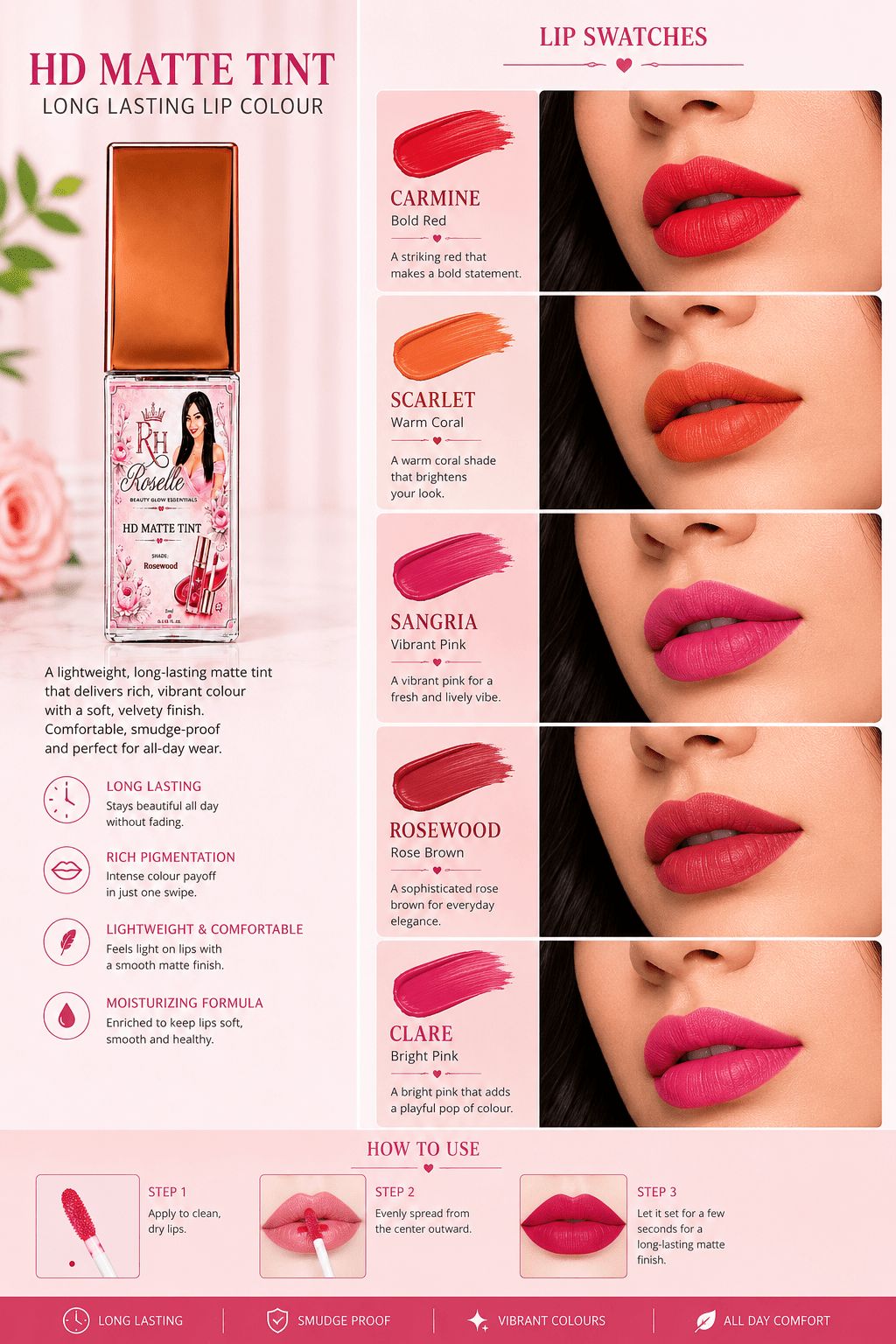 HD Matte Tint – Long Lasting Lip Colour - Roselle
