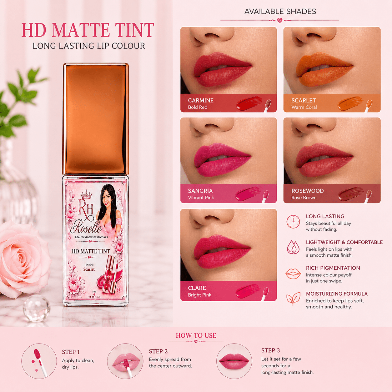 HD Matte Tint – Long Lasting Lip Colour - Roselle