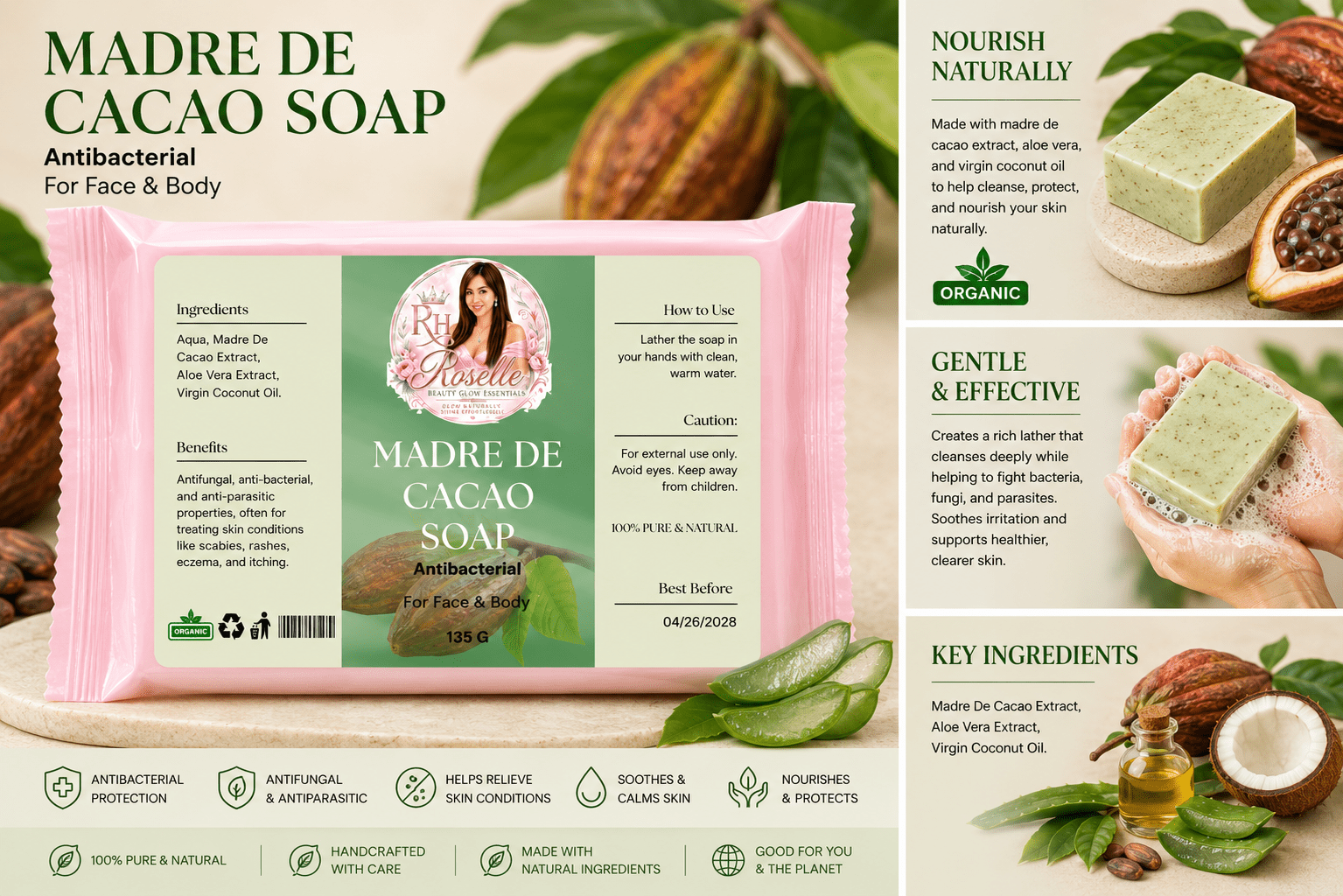 Madre De Cacao Soap - Antibacterial - Roselle