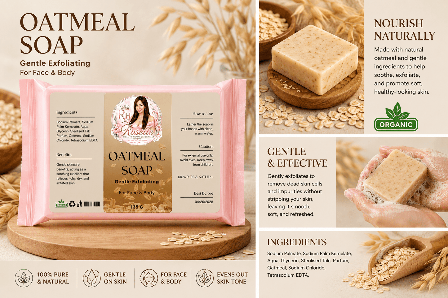 Oatmeal Soap – Gentle Exfoliating - Roselle