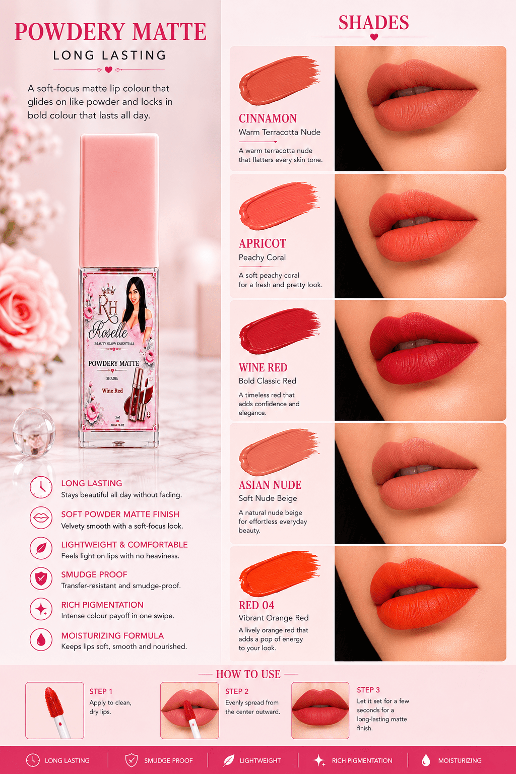 Powdery Matte – Long Lasting Lip Colour - Roselle