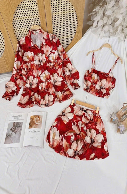 Premium 3-Piece Printed Co-Ord Set (Shirt, Crop Top, & Shorts) - Roselle