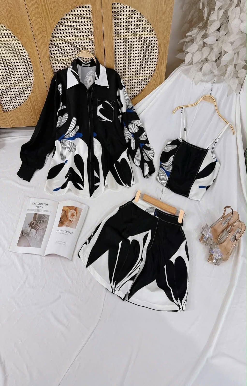 Premium 3-Piece Printed Co-Ord Set (Shirt, Crop Top, & Shorts) - Roselle