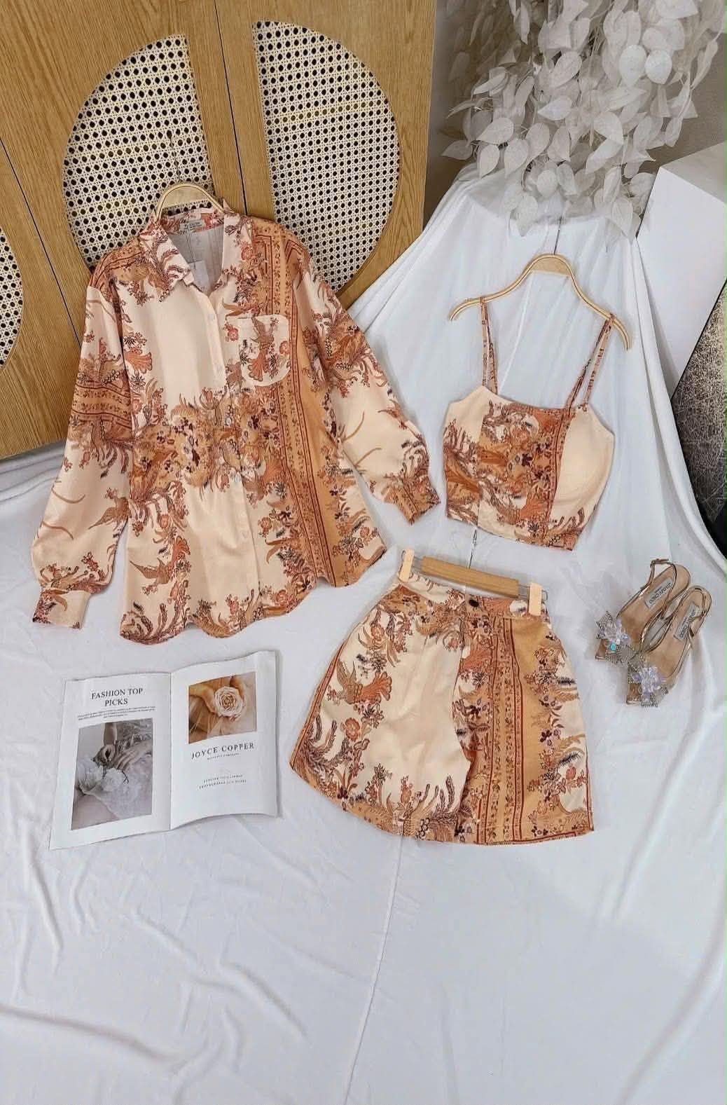 Premium 3-Piece Printed Co-Ord Set (Shirt, Crop Top, & Shorts) - Roselle