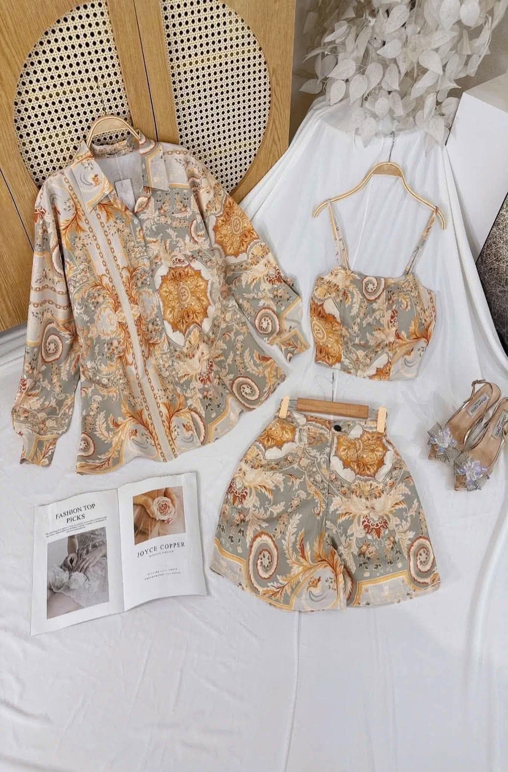 Premium 3-Piece Printed Co-Ord Set (Shirt, Crop Top, & Shorts) - Roselle