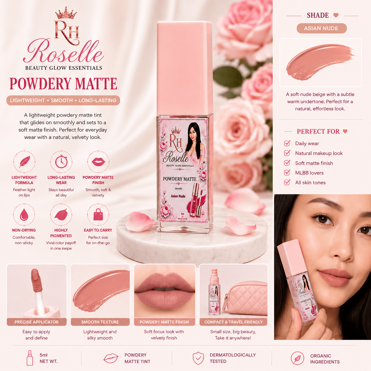 RH Roselle Beauty Glow Essentials – Powdery Matte Tint (Asian Nude) - Roselle
