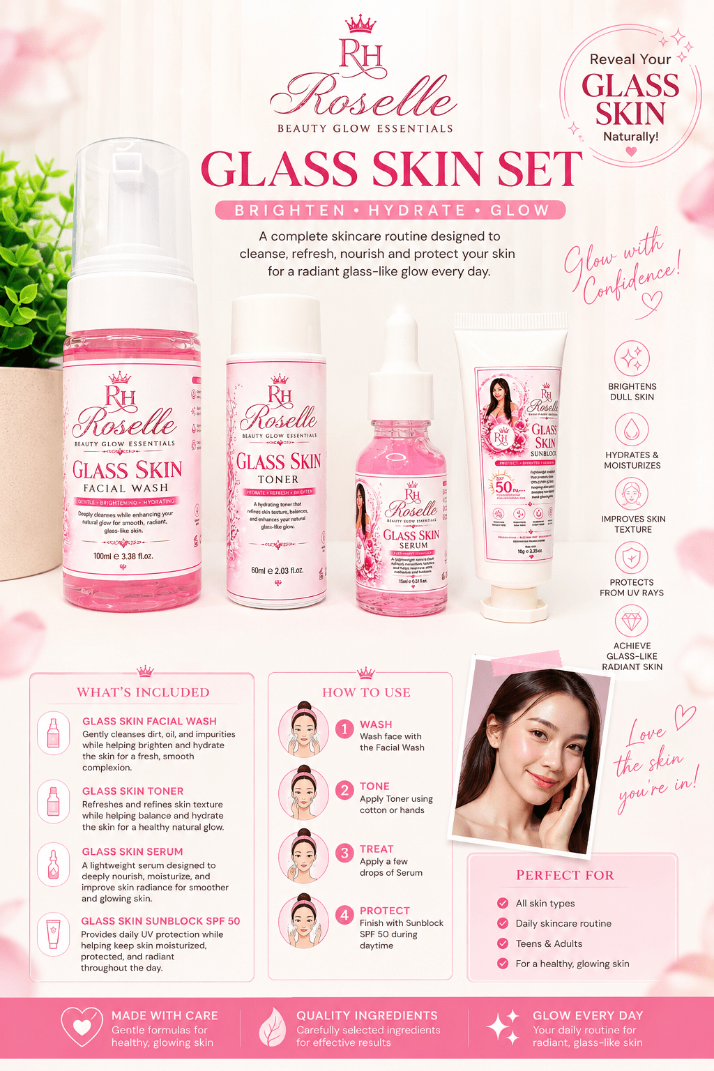 Roselle Beauty Glow Essentials – Glass Skin Set Pink For Women - Roselle