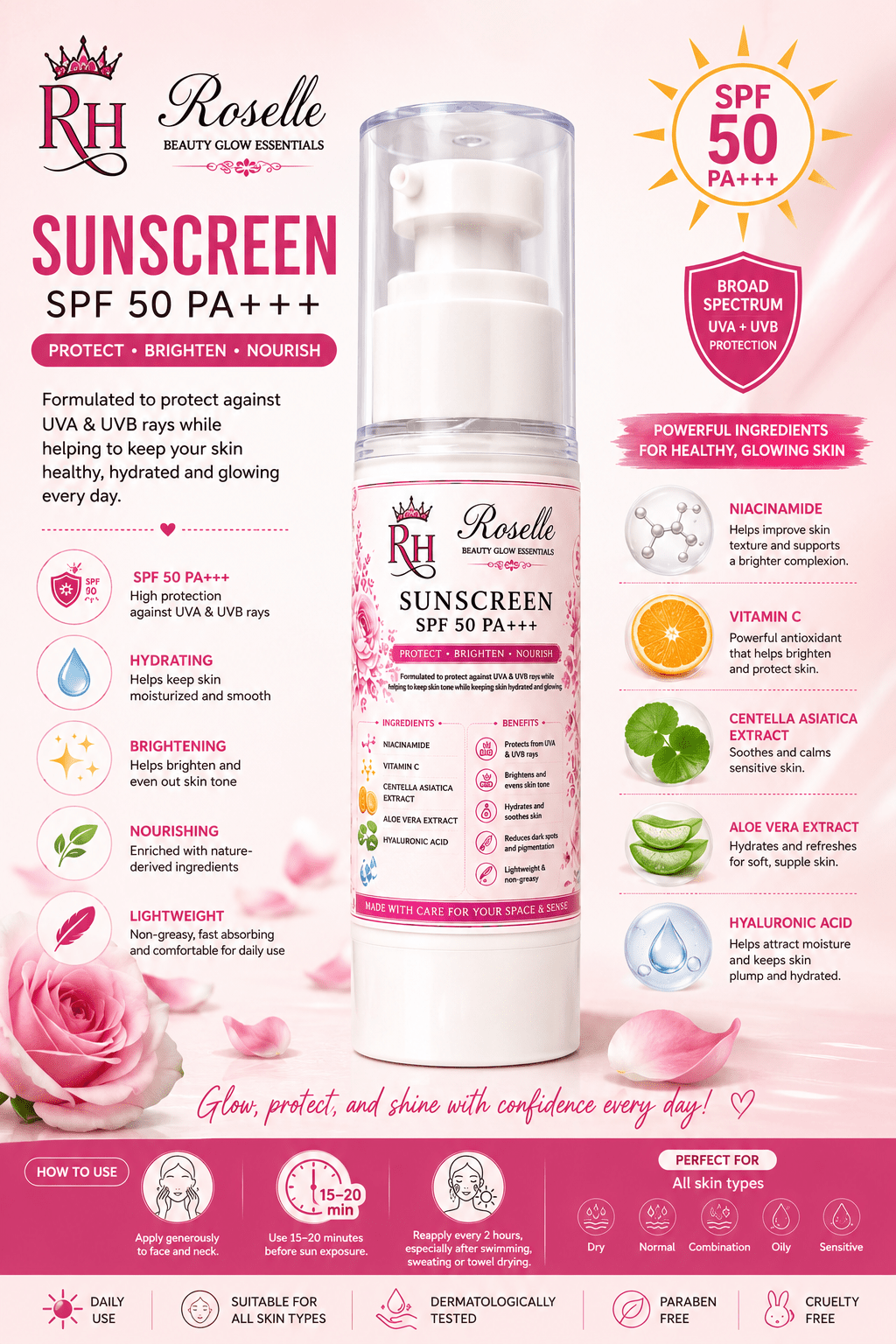 Roselle Beauty Glow Essentials Sunscreen SPF 50 PA+++ Protect • Brighten • Nourish - Roselle