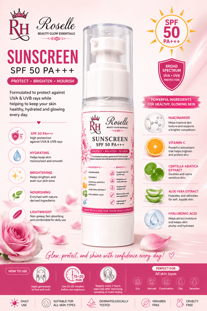 Roselle Beauty Glow Essentials Sunscreen SPF 50 PA+++ Protect • Brighten • Nourish - Roselle