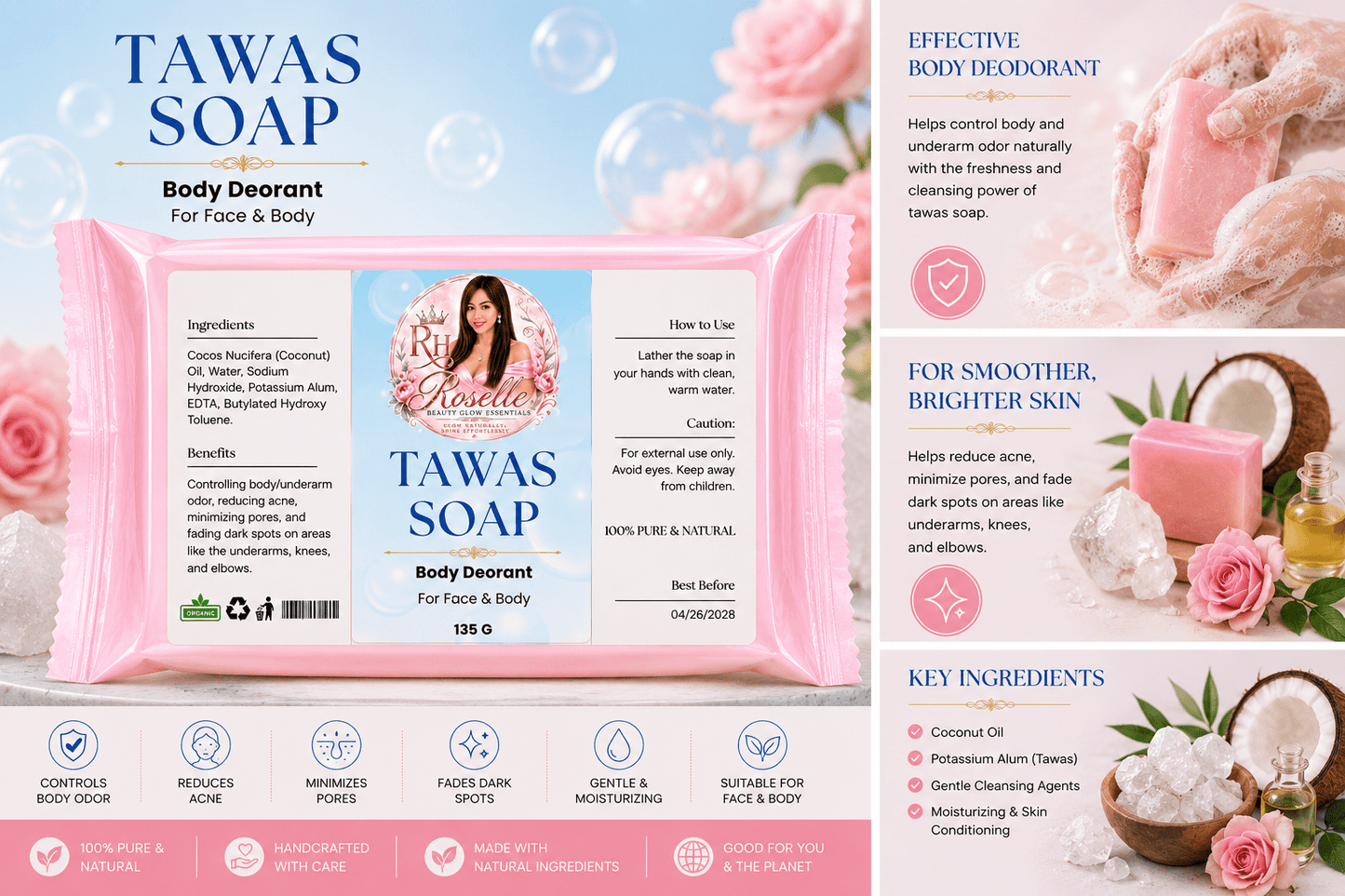 Tawas Soap - Body Deodorant - Roselle