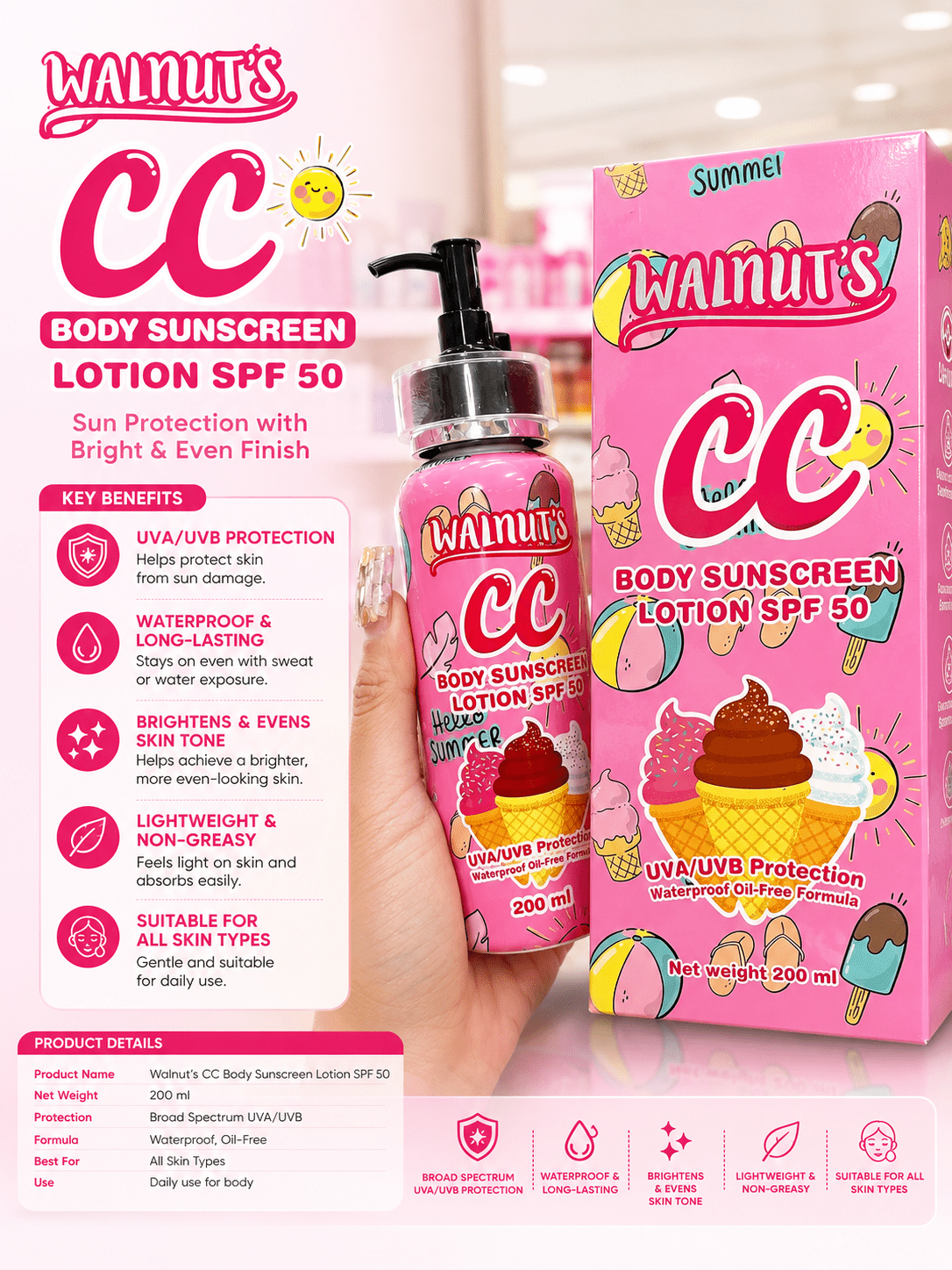 Walnut’s CC Body Sunscreen Lotion SPF 50 - Roselle